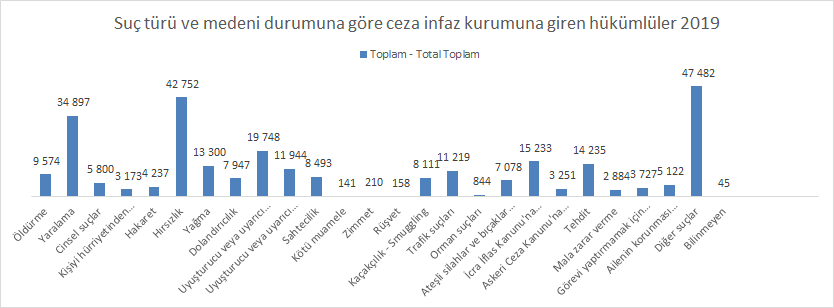 Suç türü ve medeni durumuna göre ceza infaz kurumuna giren hükümlüler 2019
